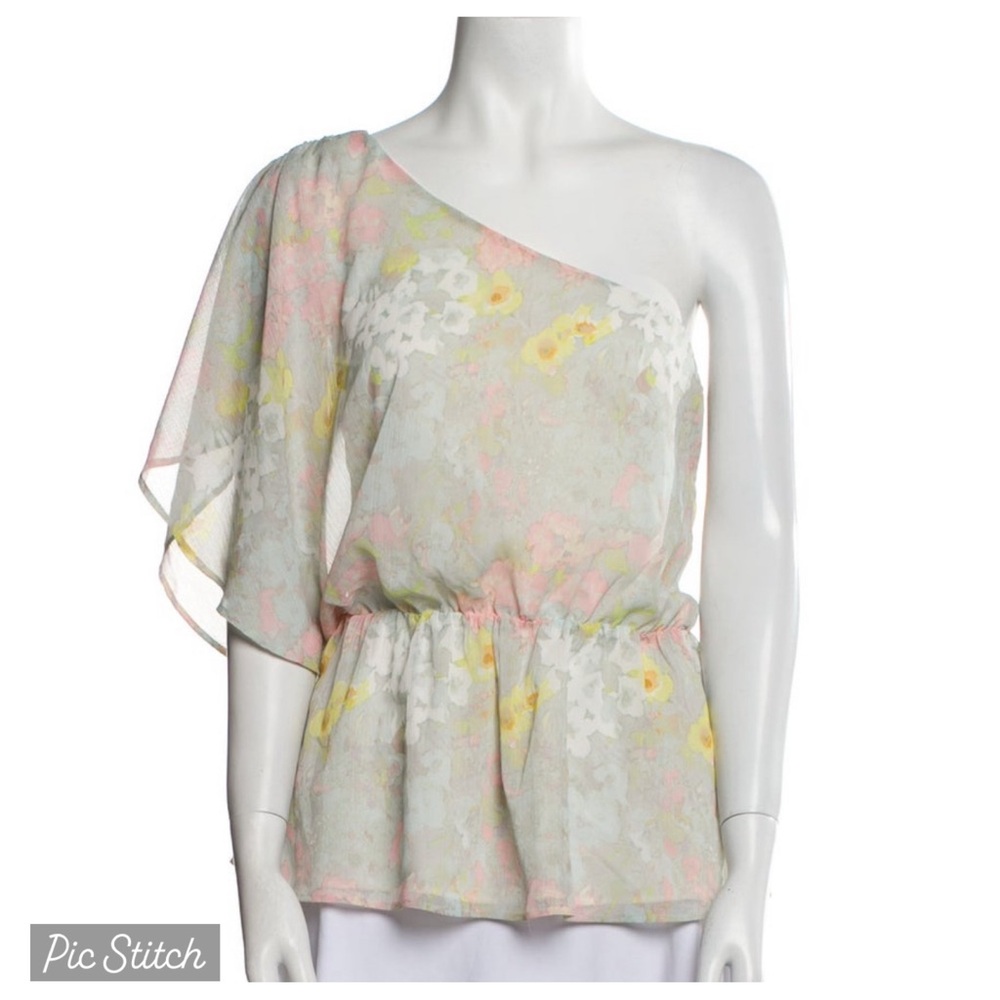 ALICE + OLIVIA one Shoulder Asymmetric Floral Blouse M 6 8 Tank Top 70s fairy - Picture 2 of 9
